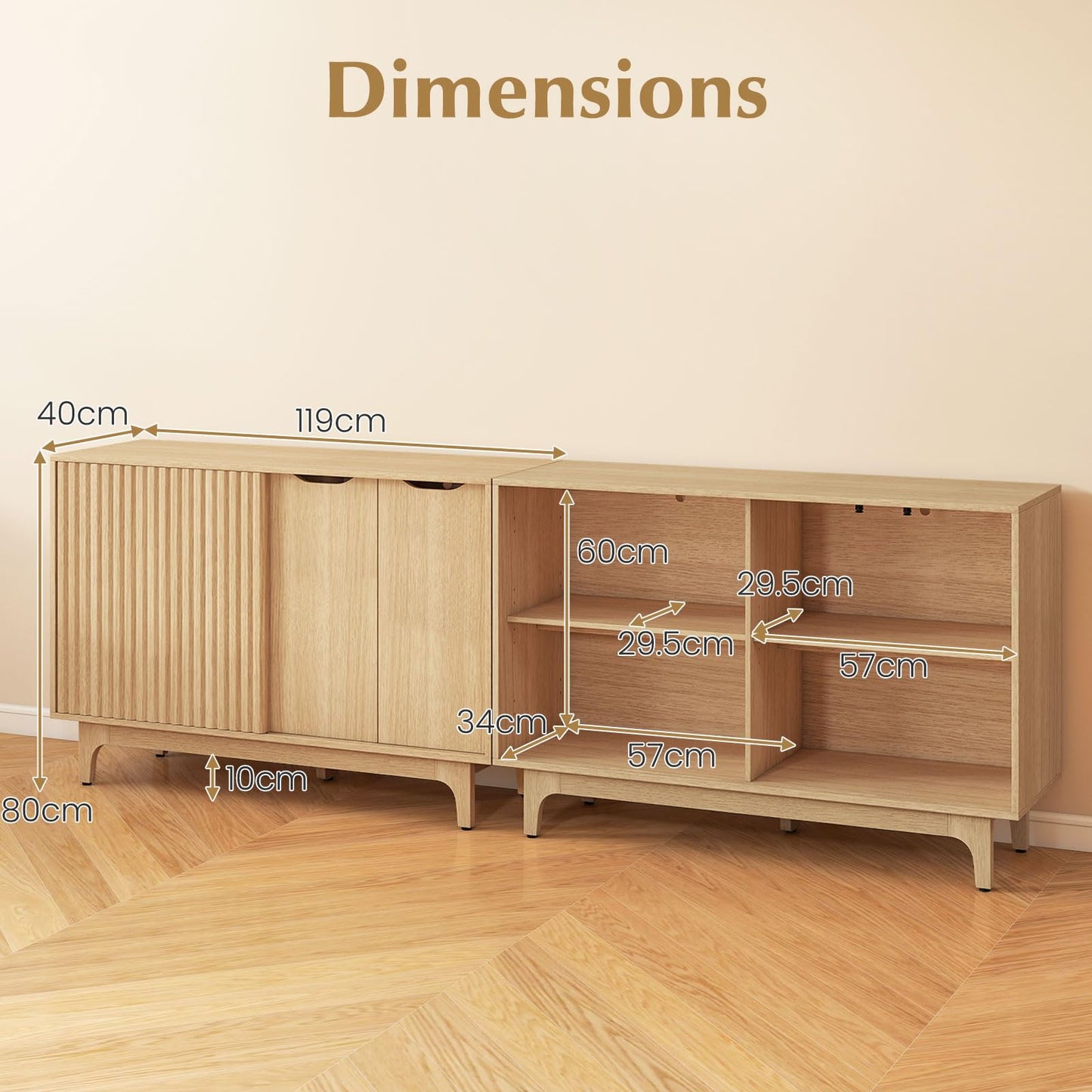 Kitchen Sideboard, Fluted Wooden Storage Cabinet with Adjustable Shelves