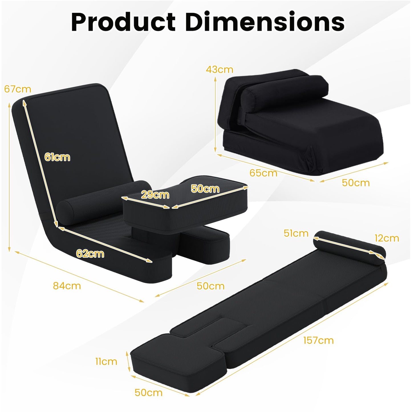 Folding Sofa Chair, Lazy Floor Sofa Bed with 5-Level Adjustable Backrest