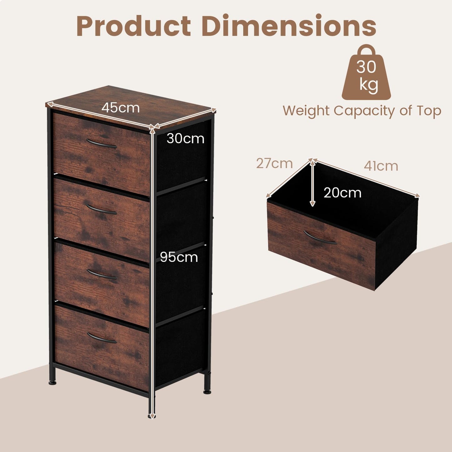 4 Drawers Dresser Fabric Storage Tower with Wooden Top for Entryway Living Room and Closet