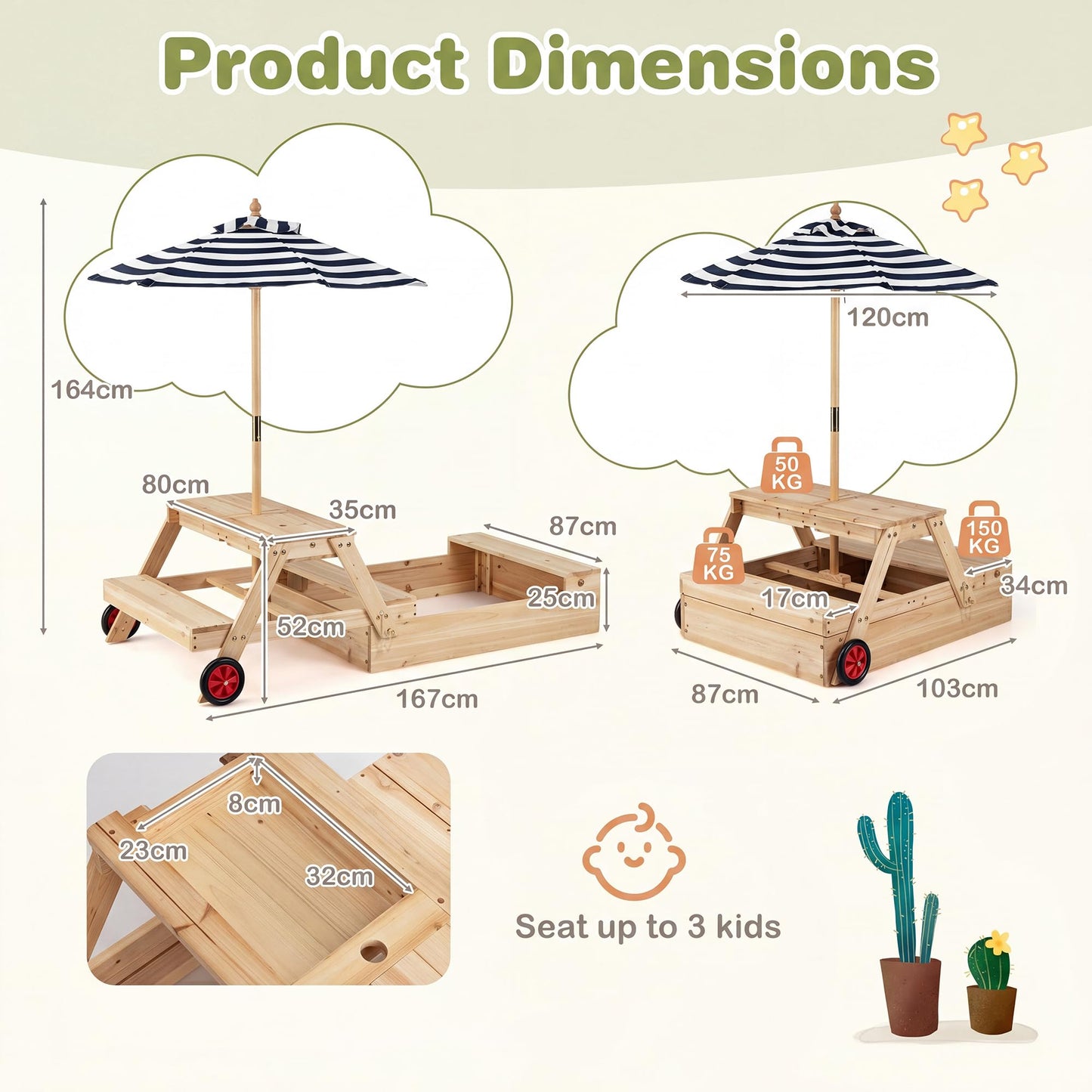 Kids Picnic Table with Sandbox, Wooden Children Garden Table and Bench Set