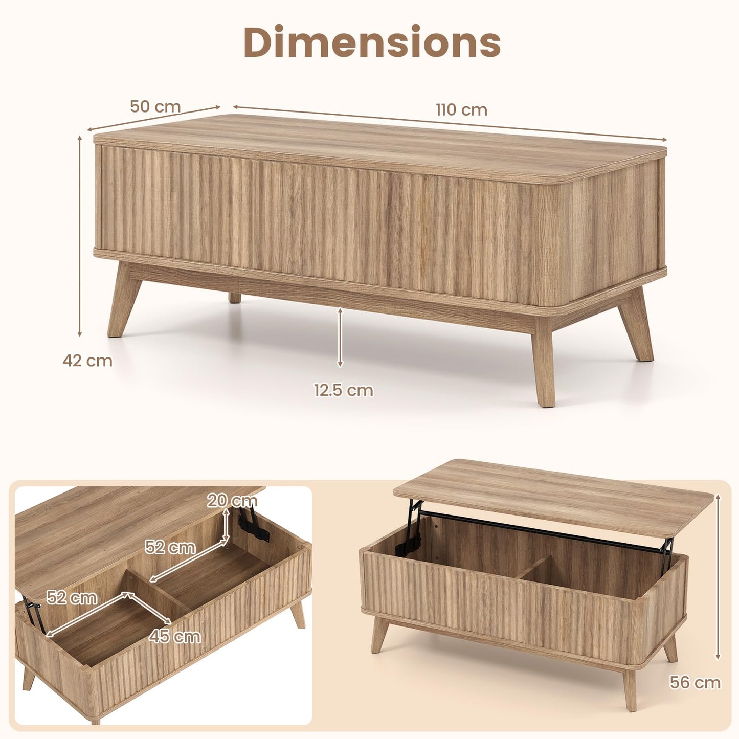 Lift Up Top Coffee Table, 110cm Rectangle Lifting Cocktail Center Table Unit