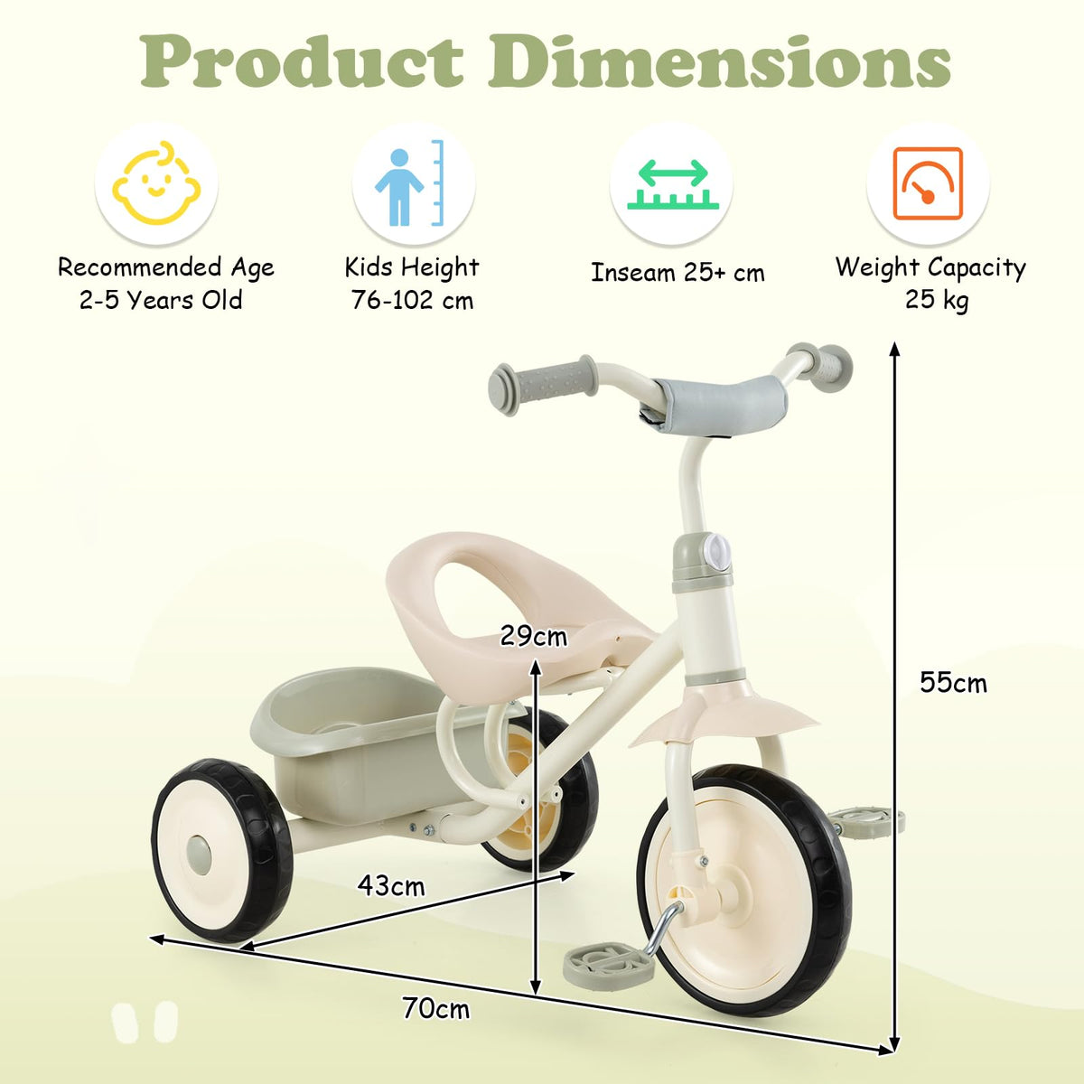 Kids Tricycle, Toddler Trike with Removable Storage Basket