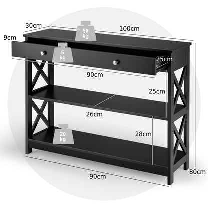 X-Shaped Sofa Side End Table with Drawer and 2 Storage Shelves