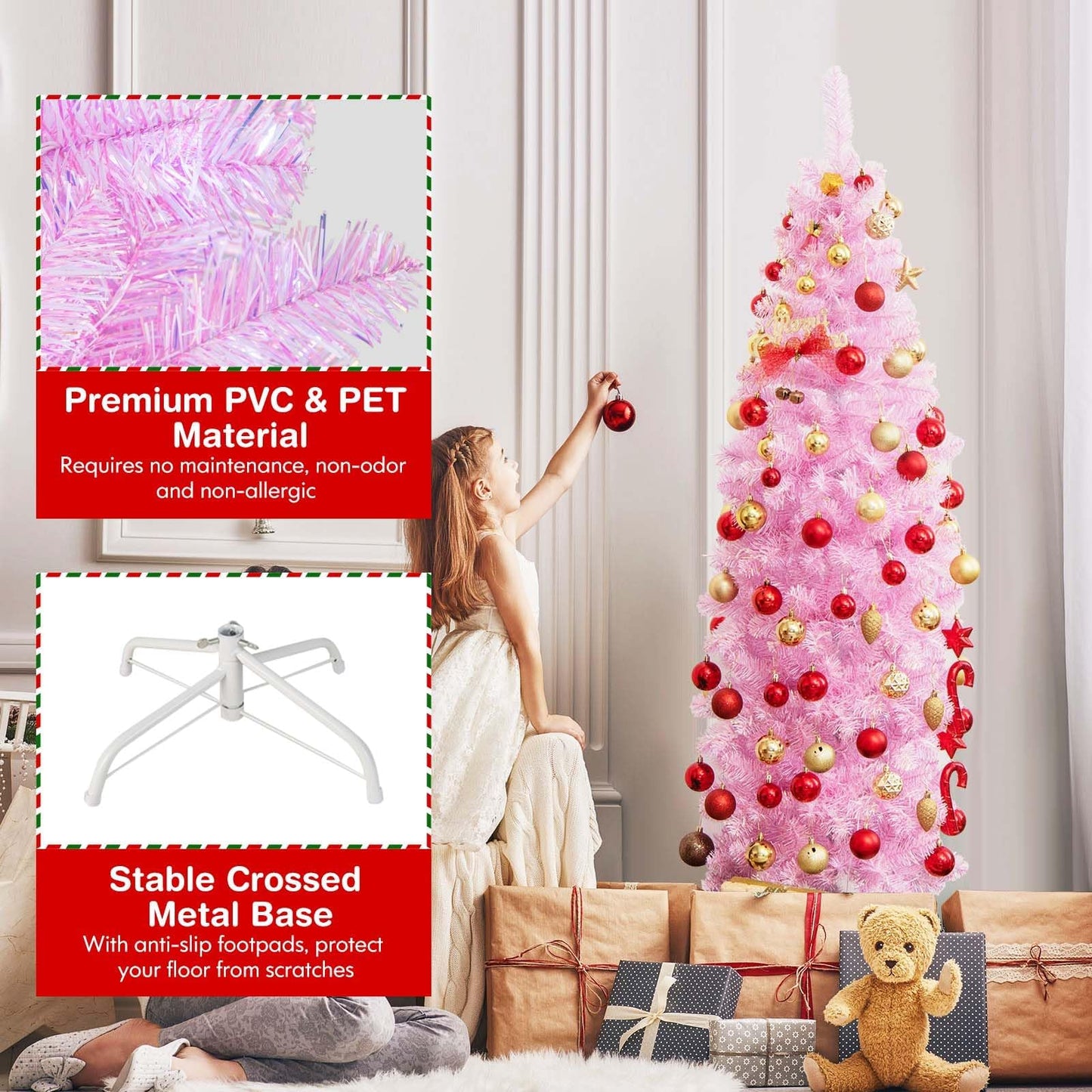 180 cm Pink Slim Xmas Tree with 475 Branch Tips and 250 Cold White LED Lights
