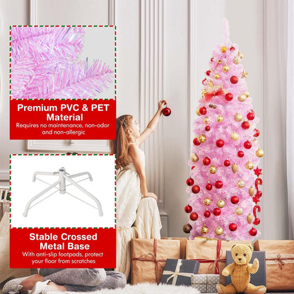 180 cm Pink Slim Xmas Tree with 475 Branch Tips and 250 Cold White LED Lights