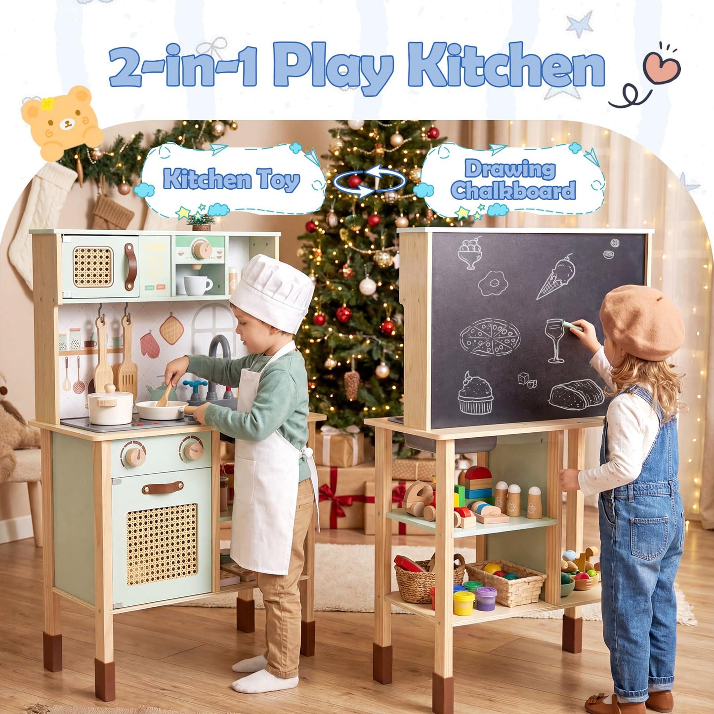 Kids Play Kitchen Wooden Pretend Kitchen Playset with Rattan Doors Wood Legs
