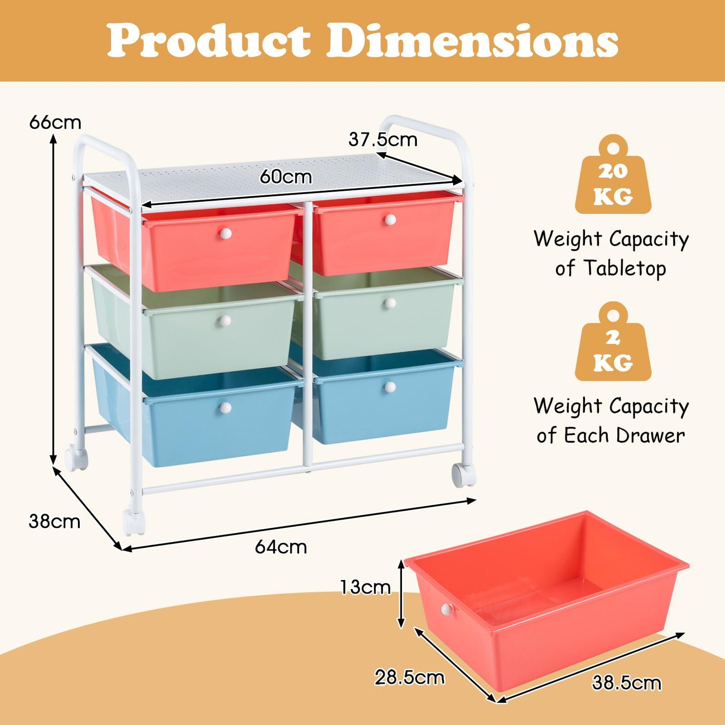 6 Drawer Storage Cart with Lockable Wheels & Handles