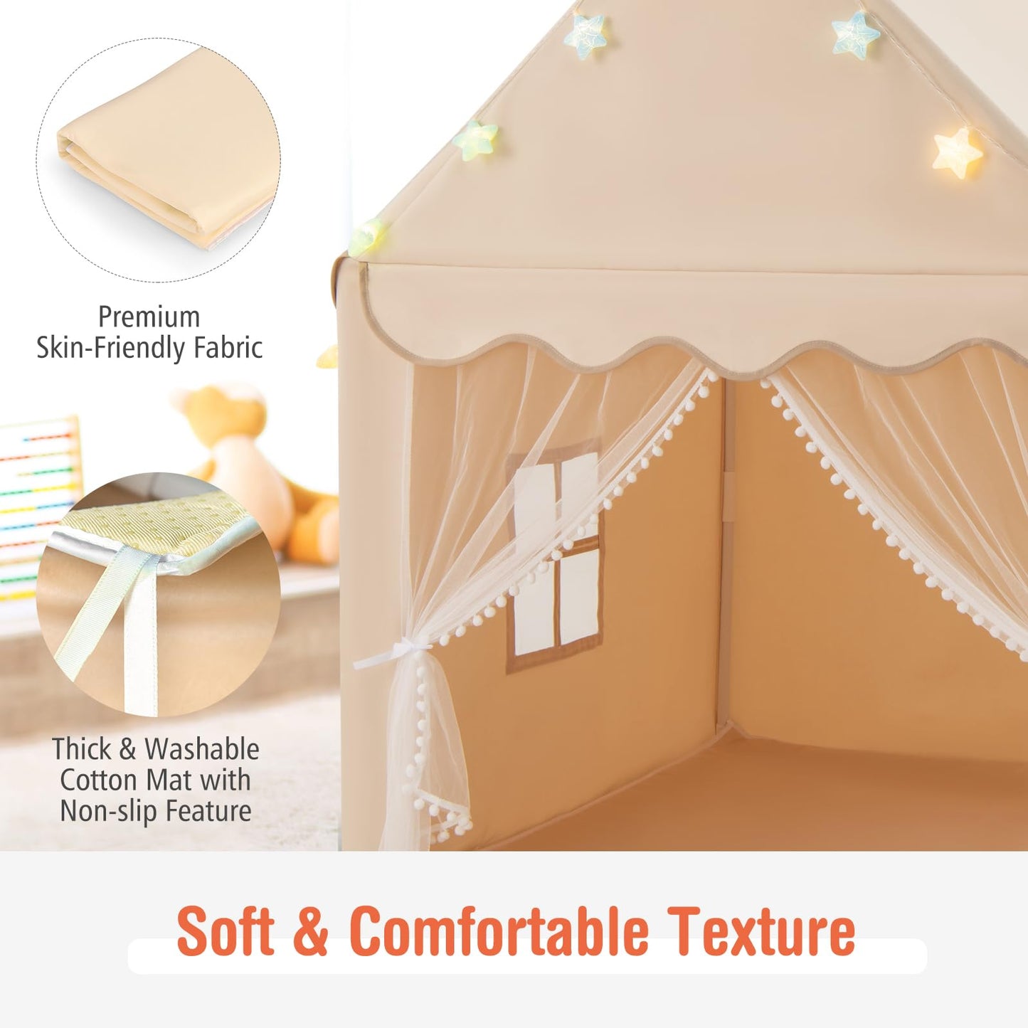 Kids Large Tent with Washable Mat and Star Lights for Children Gift