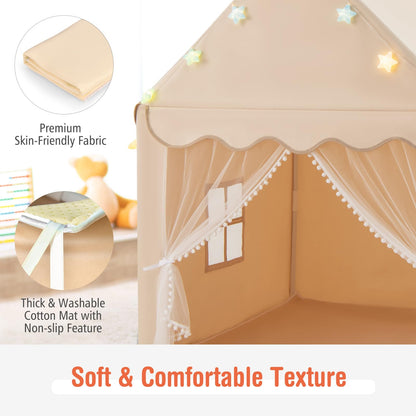 Kids Large Tent with Washable Mat and Star Lights for Children Gift