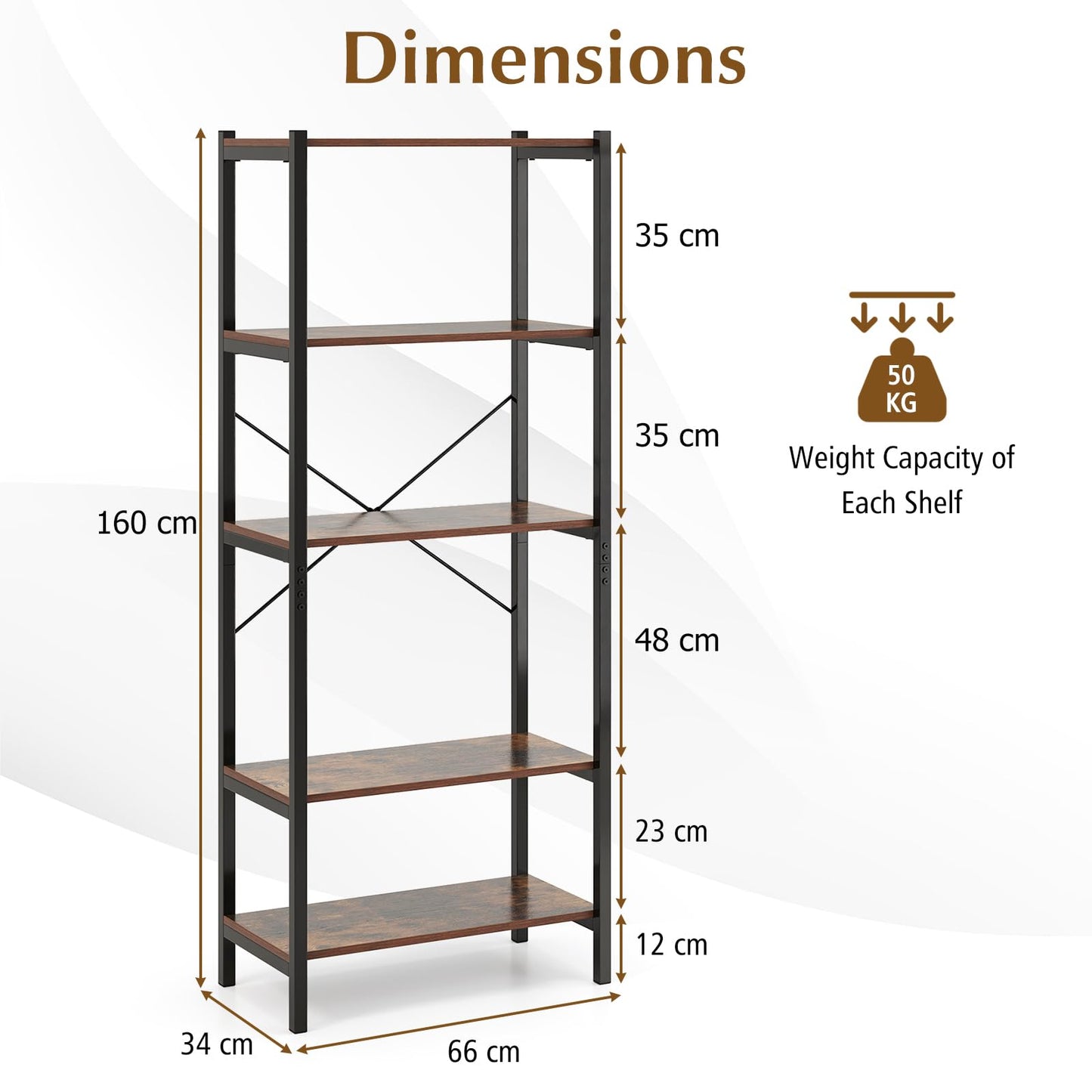 5-Tier Bookshelf with Metal Frame and Storage Rack