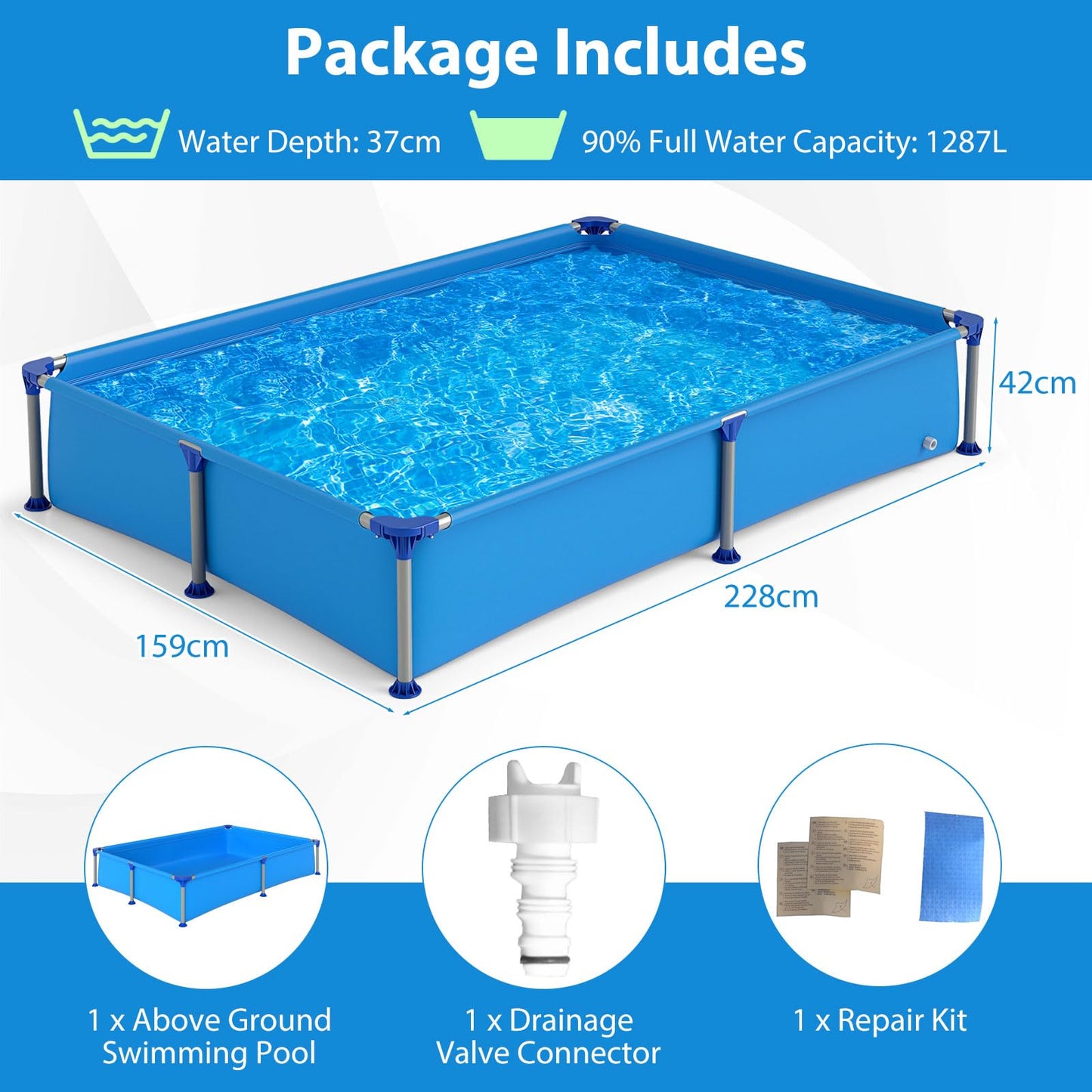 Above Ground Swimming Pool Outdoor Rectangular Pool for Kids above 3 with Metal Frame