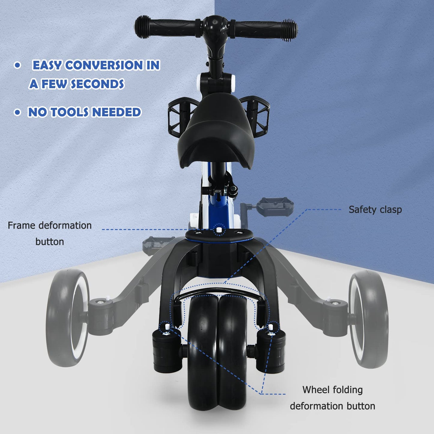 3 in 1 Kids Trike, Folding Baby Tricycle with Adjustable Handlebar and PU Seat