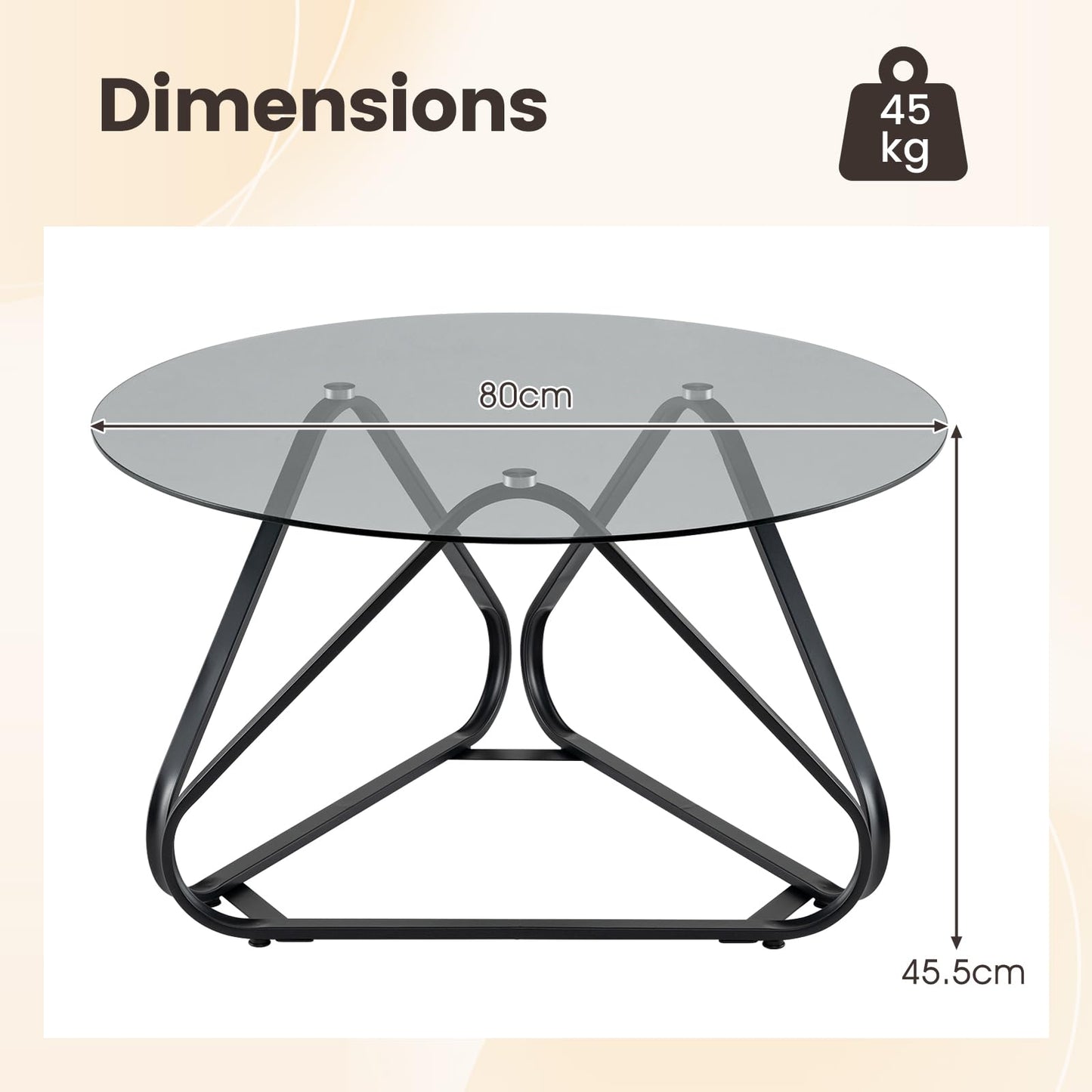 Round Tempered Glass Coffee Table with Triangle Metal Frame for Living Room