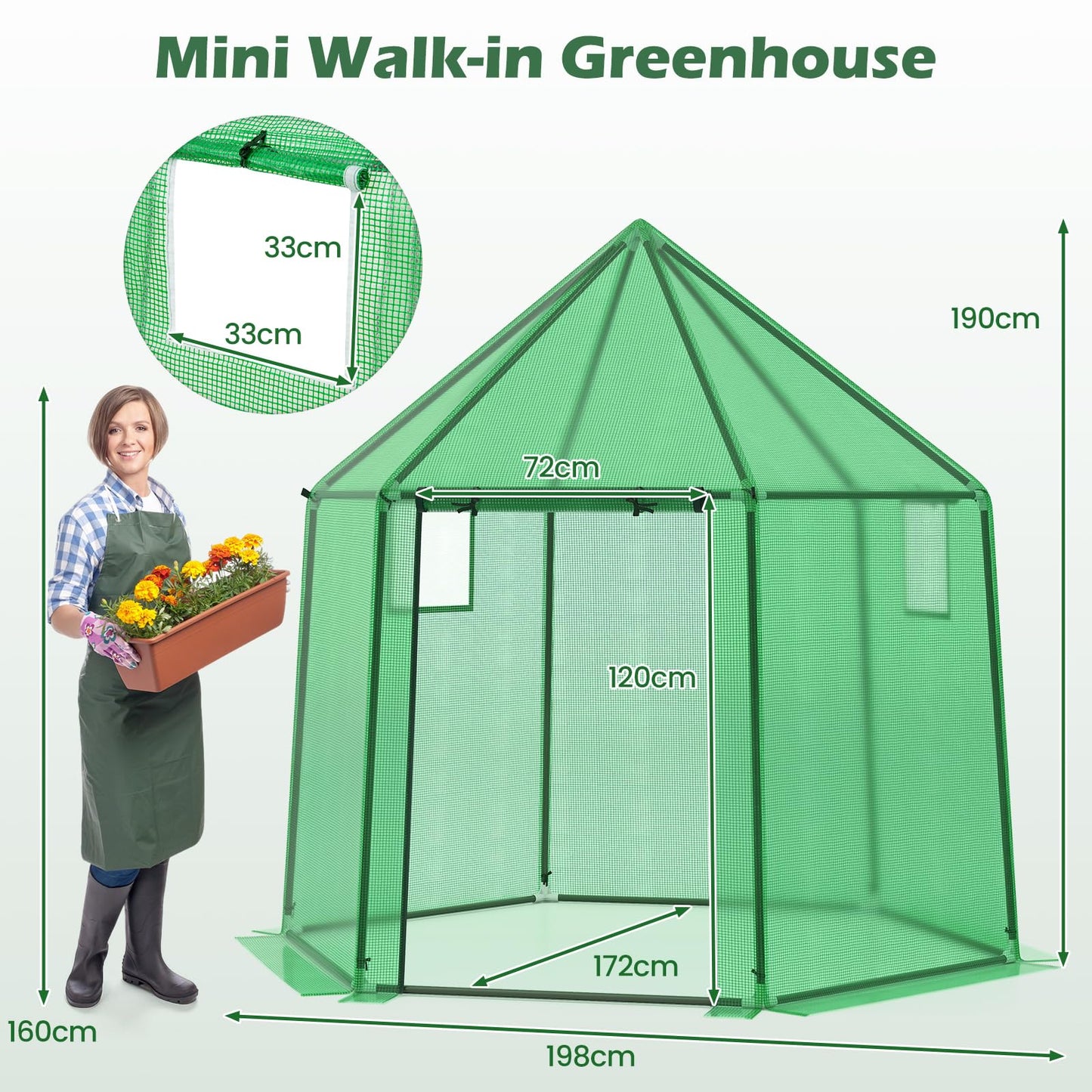 Walk In Greenhouse, 198 x 172 x 190cm Polytunnels Grow House with PE Cover