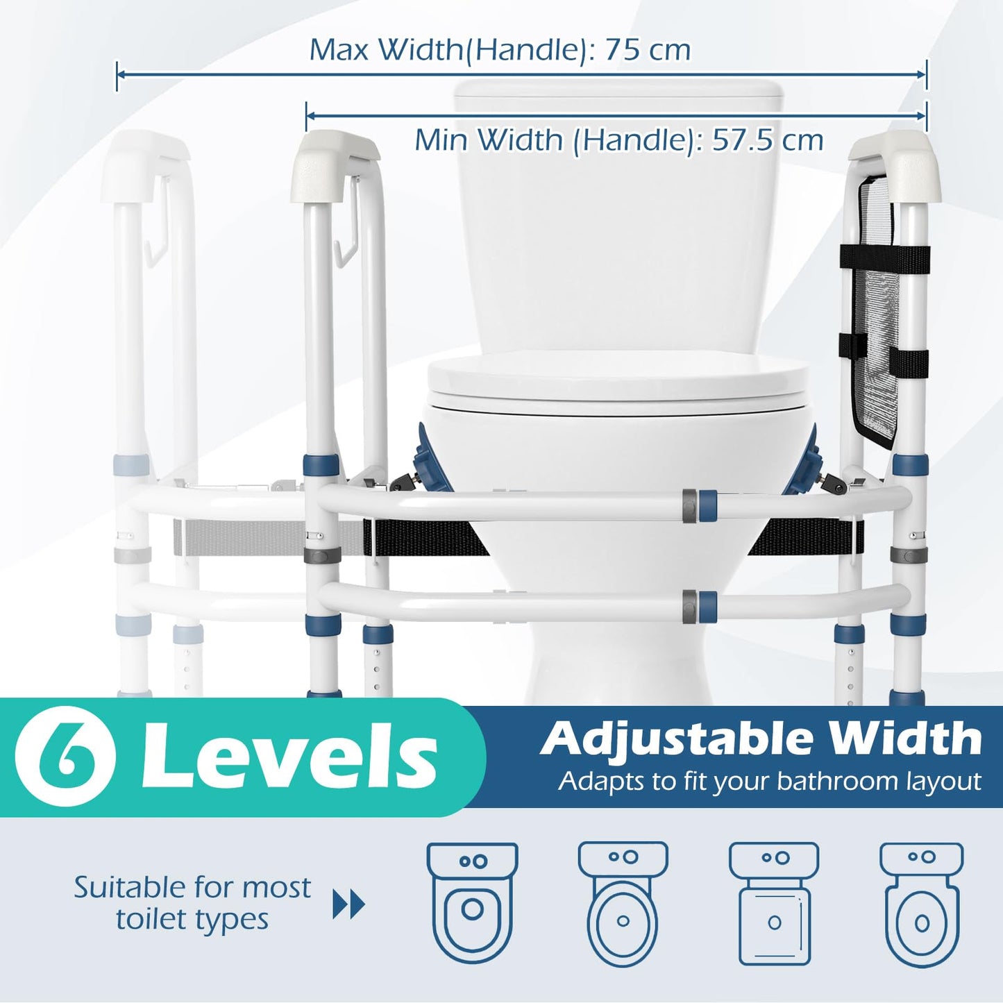 Adjustable Height and Width Toilet Safety Rails with Non-Slip Grip and Suction Legs