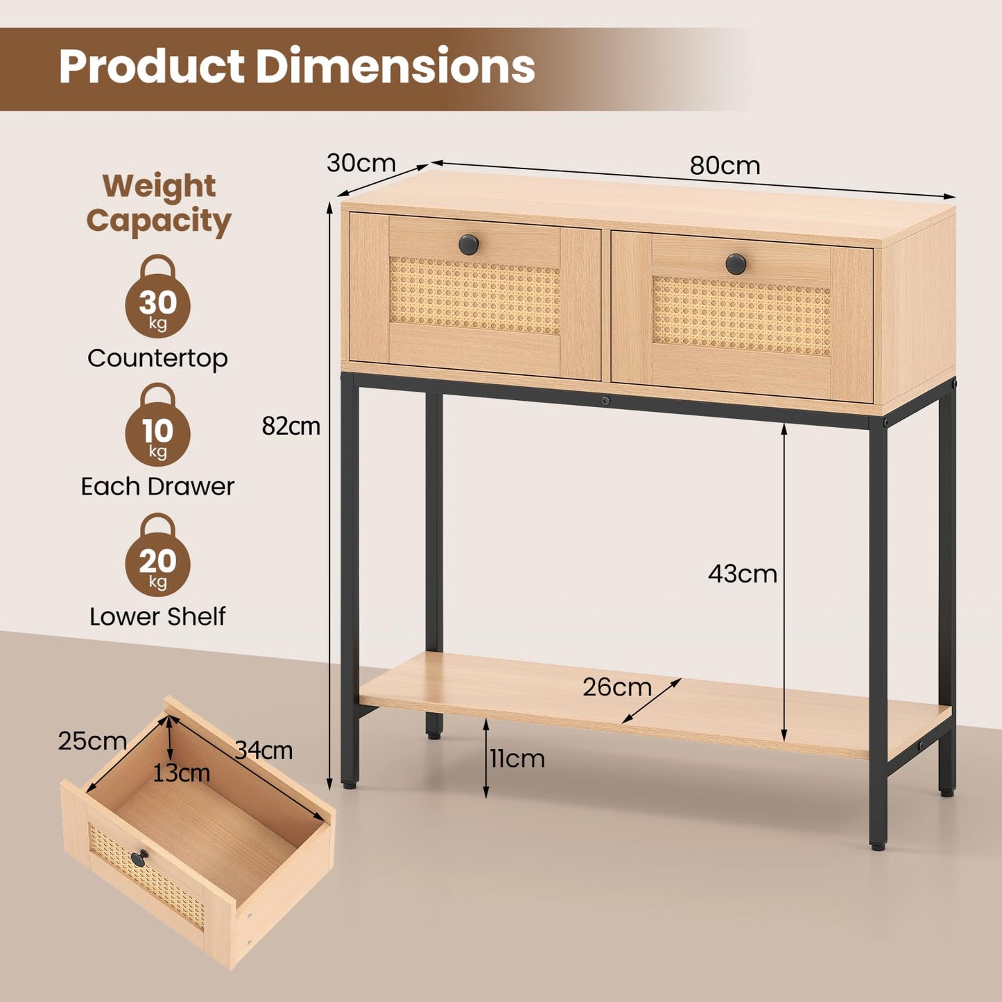 80 CM Boho Console Table with 2 Drawers and Bottom Shelf