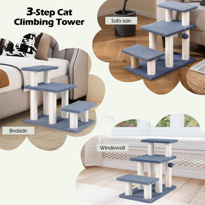 Cat Stairs, 3-Step Pet Easy Climb Ladder with Sisal Scratching Posts