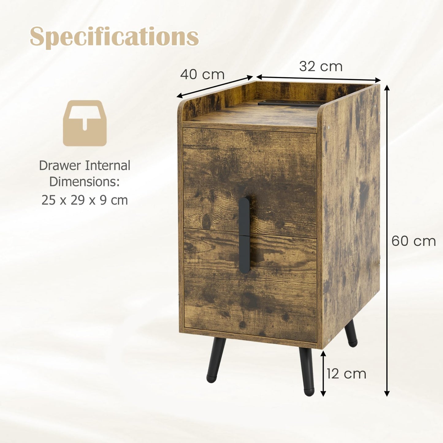 Home Bedside Sofa Side Tables with 2 Drawers and Heavy-duty Metal Legs Support