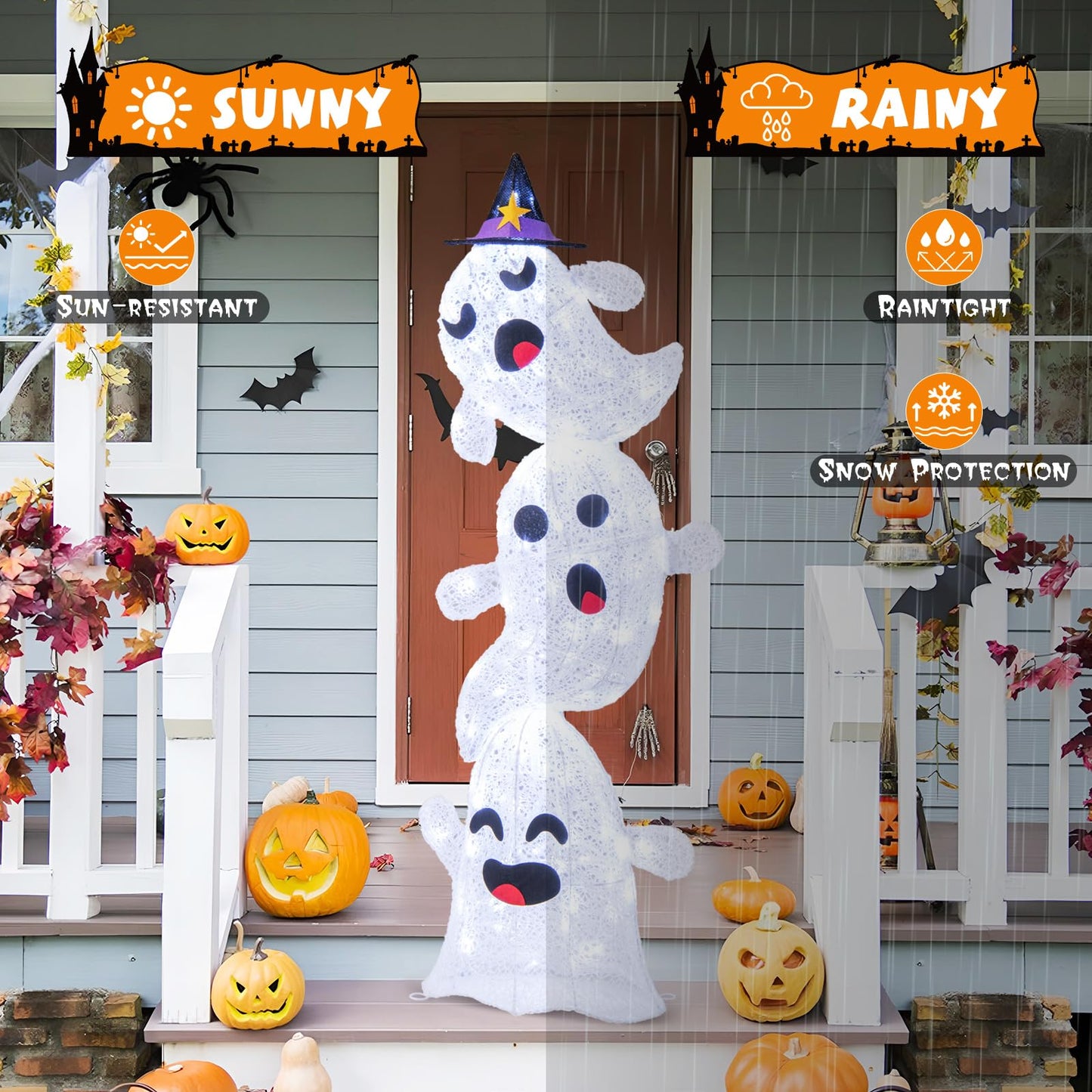 4 FT Lighted Stacked Ghosts with 120 LED Lights and 4 Metal Ground Stakes