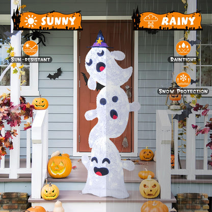 4 FT Lighted Stacked Ghosts with 120 LED Lights and 4 Metal Ground Stakes