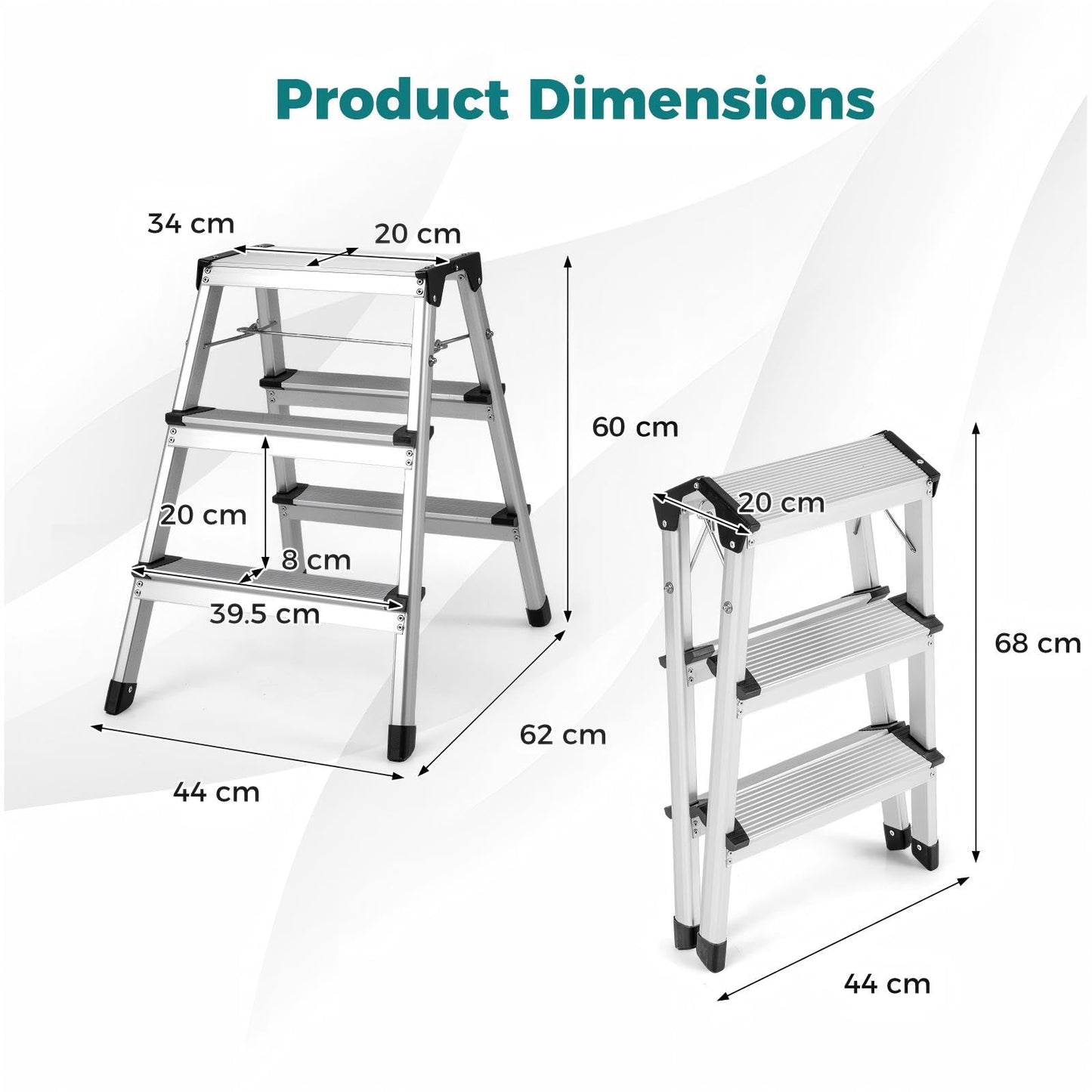 Dual-Sided 3 Step Ladder, Aluminum Folding Step Stool