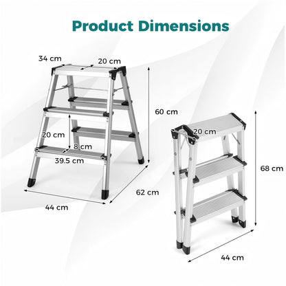 Dual-Sided 3 Step Ladder, Aluminum Folding Step Stool