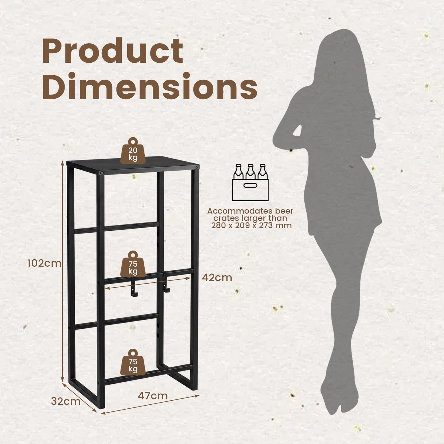 3-Tier Drink Crate Rack, Metal Bottle Storage Shelf with 3 Adjustable Angles & 2 Hooks