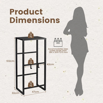 3-Tier Drink Crate Rack, Metal Bottle Storage Shelf with 3 Adjustable Angles & 2 Hooks