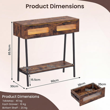 2-Tier Farmhouse Console Table with Colorful LED Lights and Open Shelf
