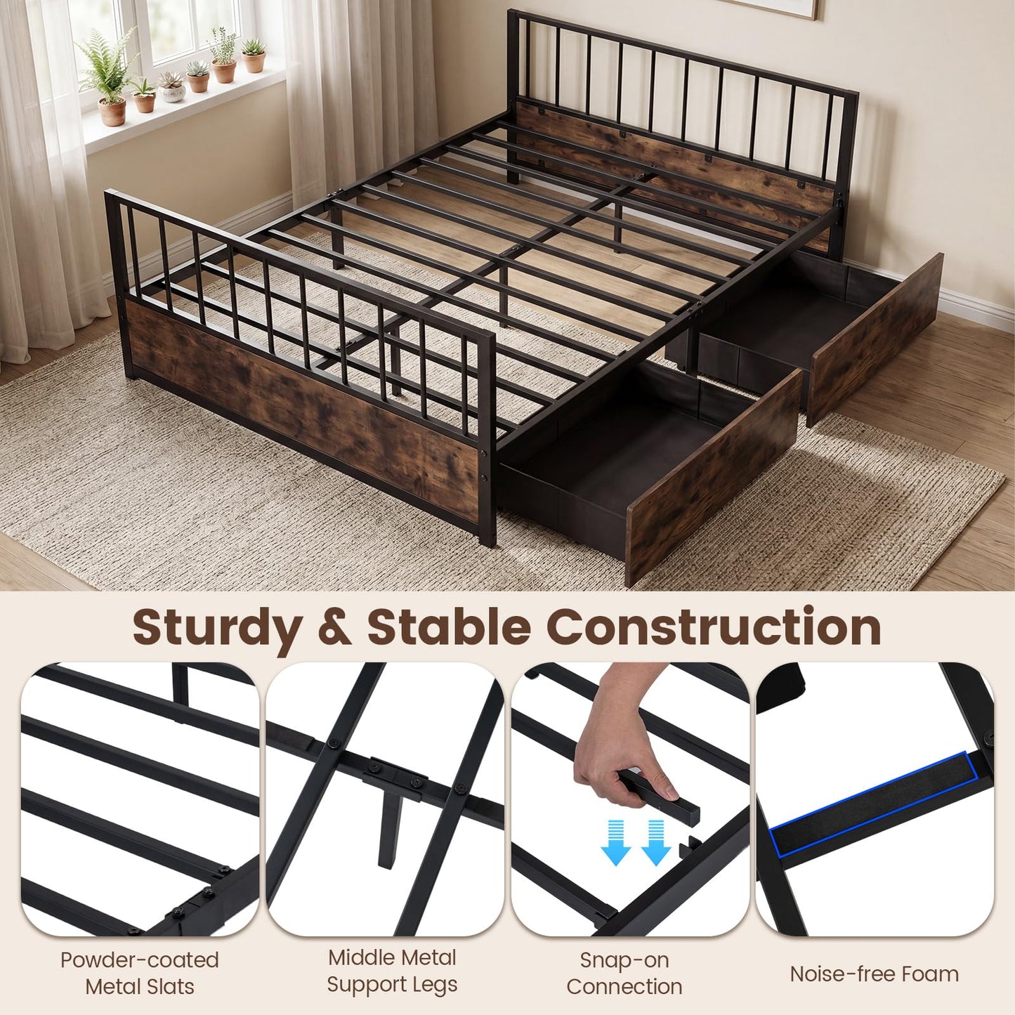 4FT6 Double Metal Bed Frame with 2 Storage Drawers, Headboard & Footboard