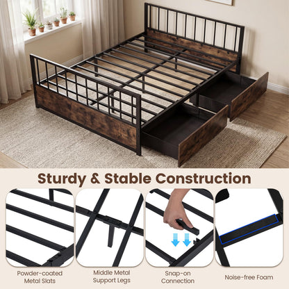 4FT6 Double Metal Bed Frame with 2 Storage Drawers, Headboard & Footboard