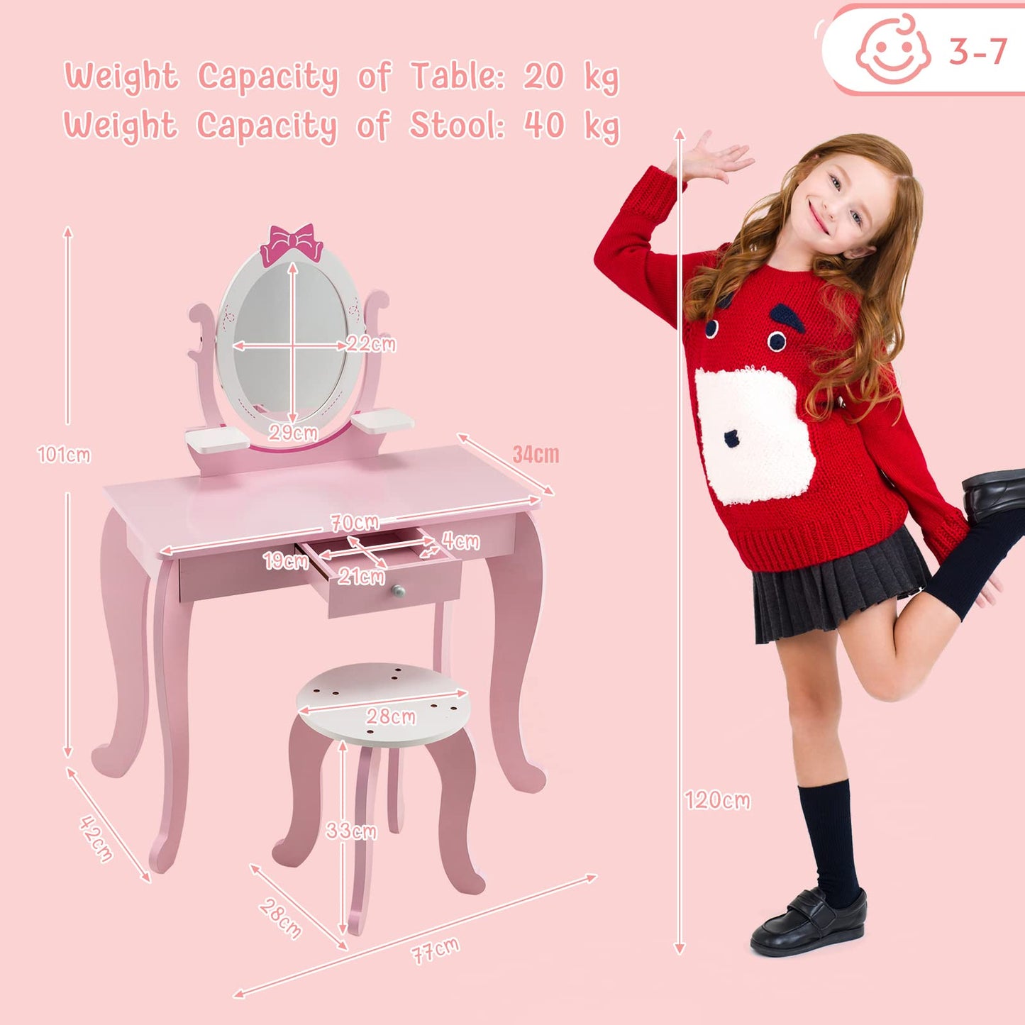 2 in 1 Kids Vanity Table with Stool and 360° Rotating Mirror