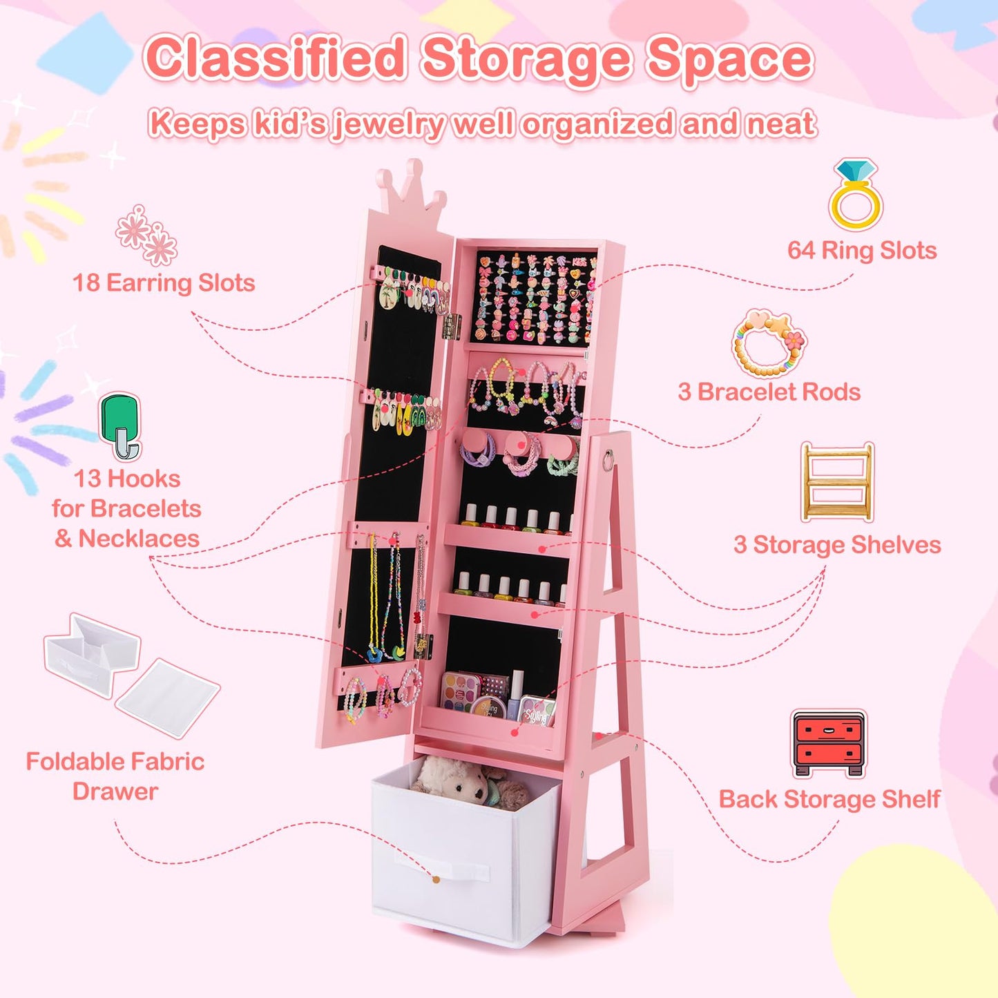 Kids Jewelry Cabinet Standing Jewelry Organizer with Full-Length Mirror