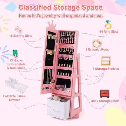 Kids Jewelry Cabinet Standing Jewelry Organizer with Full-Length Mirror