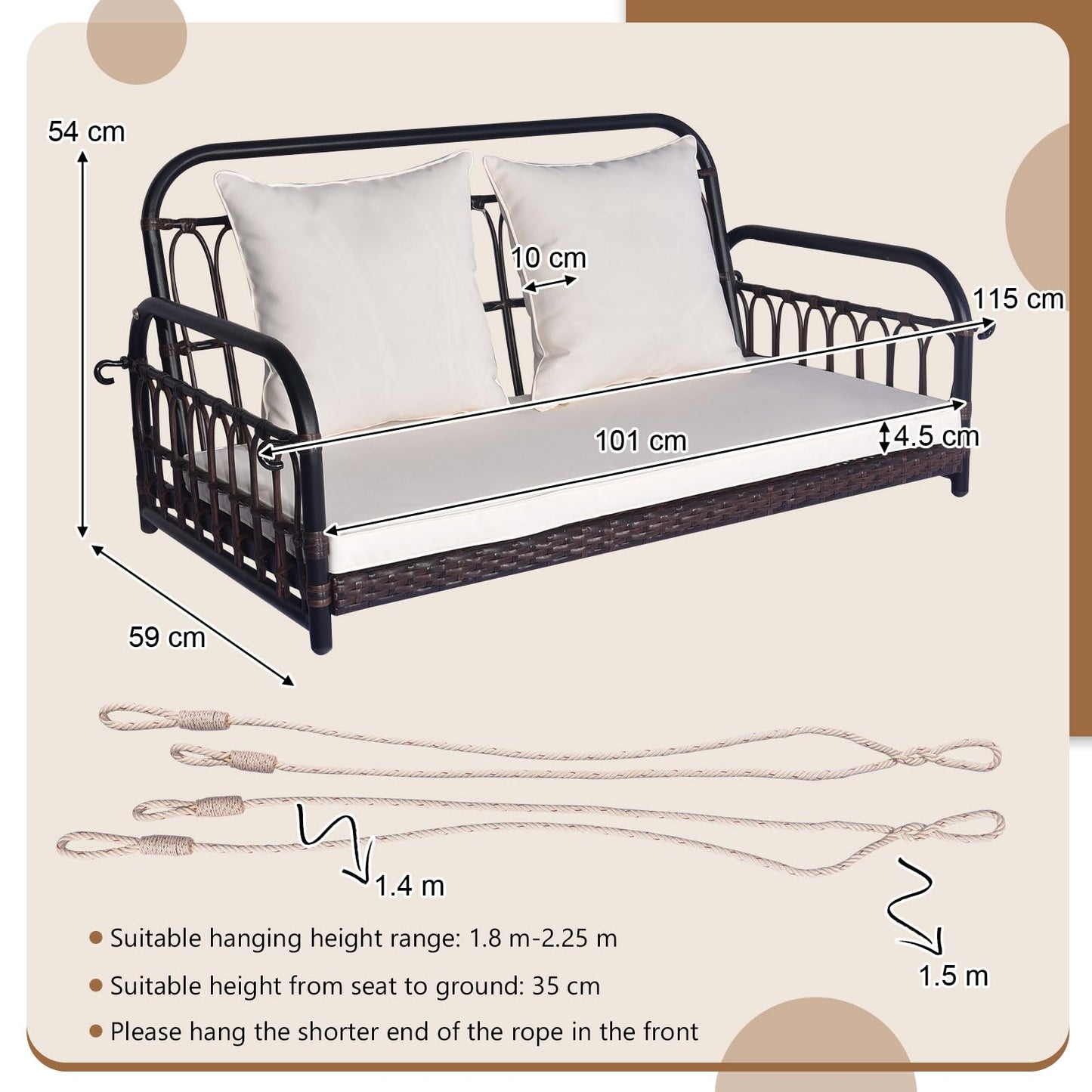 2-Person Outdoor Patio Hanging Chair with Cushions for Garden, Backyard