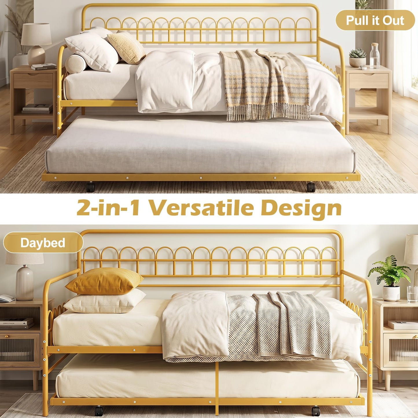 Single Daybed with Trundle and Curved Backrest and Armrests No Box Spring Needed