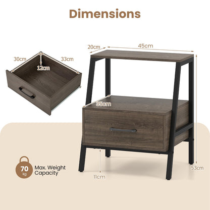 Farmhouse Nightstand End Sofa Side Table with Drawer and Storage Shelf