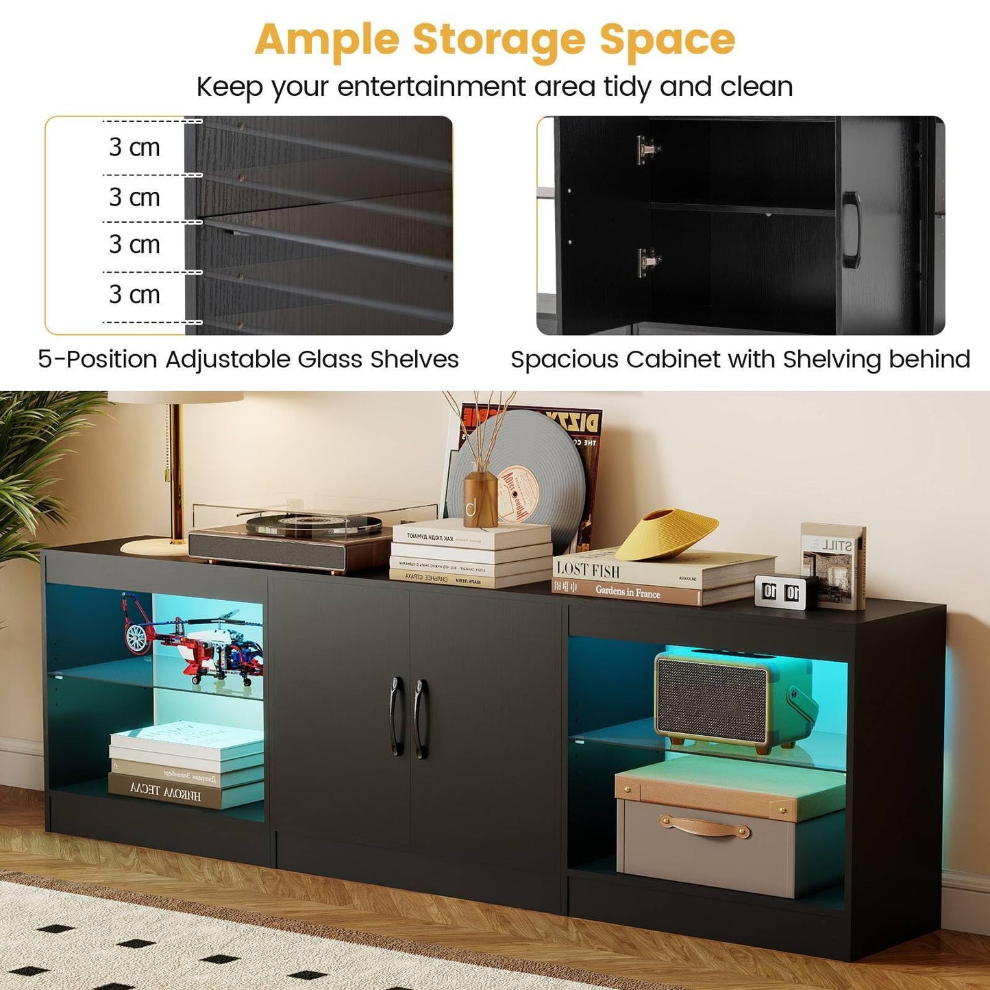 TV Stand Cabinet for TVs up to 85 Inches, 3 Pieces Modular Console TV Unit with LED Lights