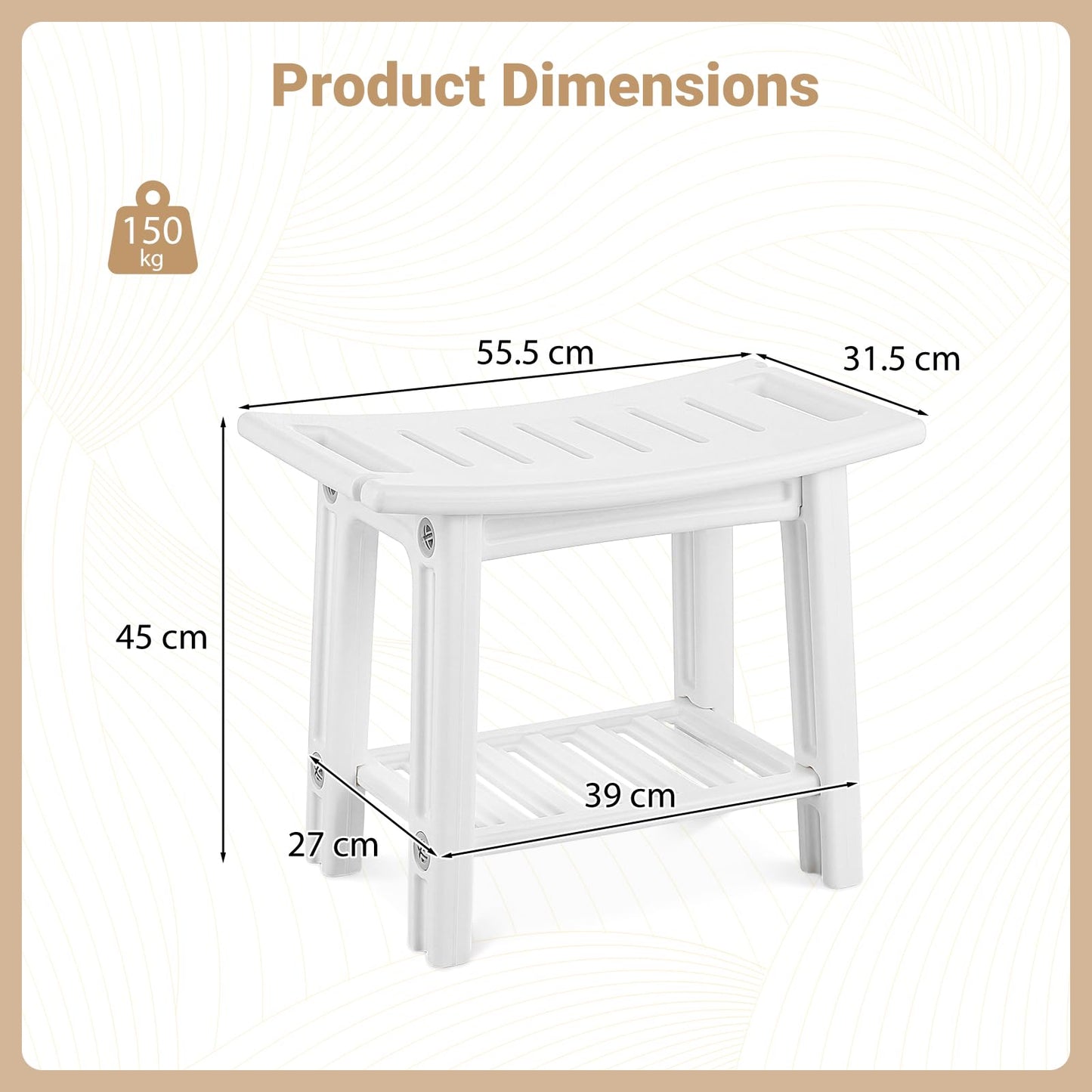 Shower Bench, HDPE Waterproof Bathroom Stool Seat for Inside Shower | Shelf, Handles, Shower Head Holders