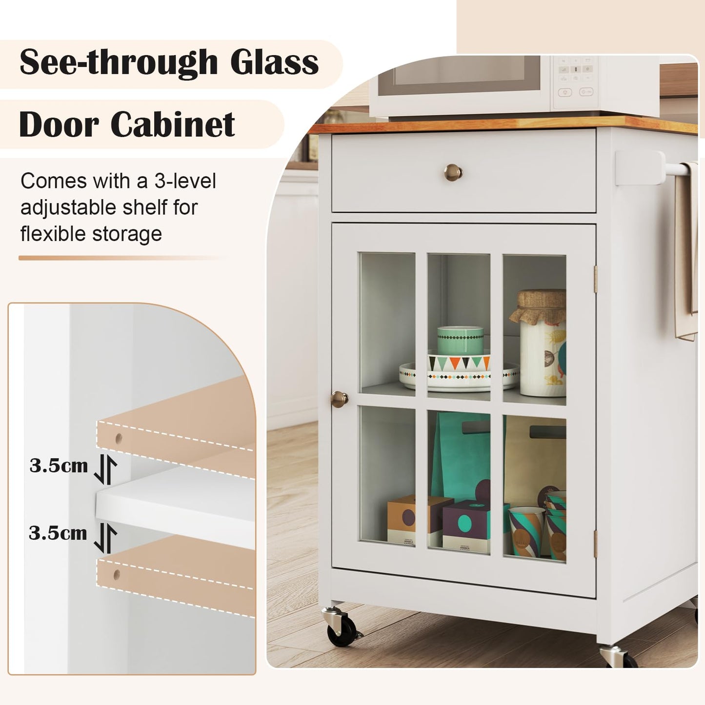 65 CM Kitchen Island Cart Rolling Kitchen Cabinet with Rubber Wood Tabletop