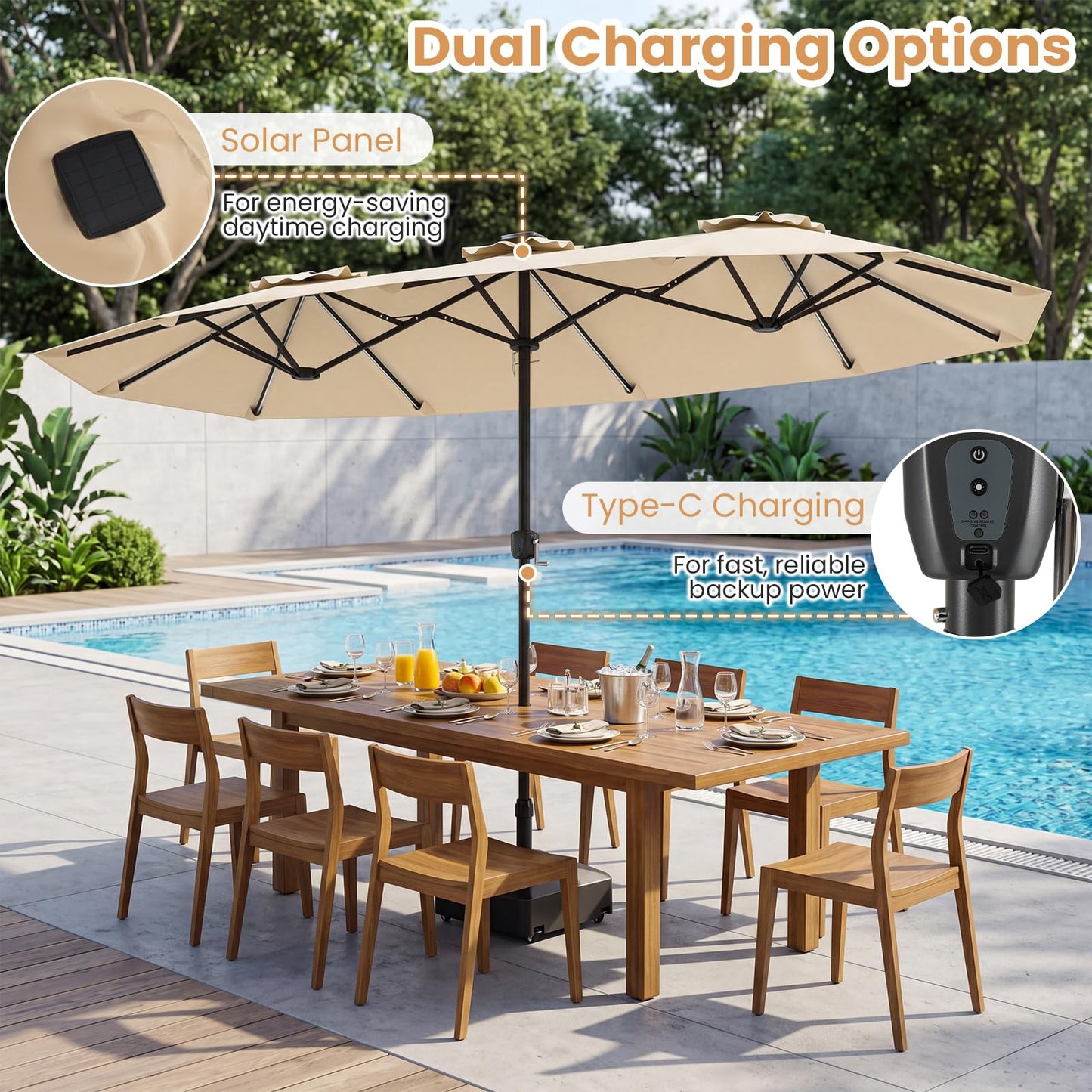 12 Heavy-Duty Ribs Extra Large Sun Umbrella with Lights & Crank Handle