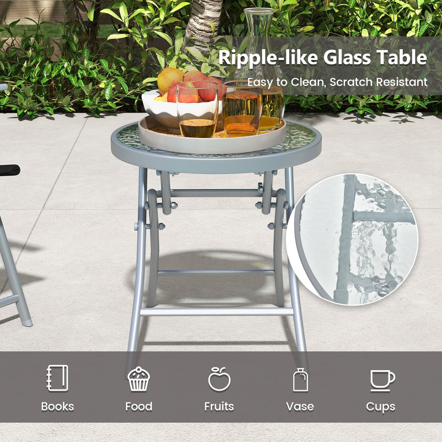 3PCS Garden Folding Chairs and Table Set with Ripple-like Glass Tabletop