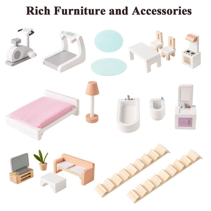 Wooden Dollhouse with Furniture and Accessories for Kids