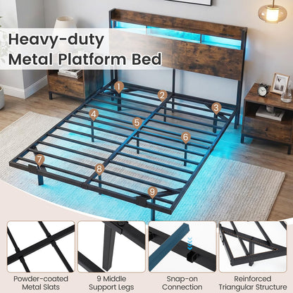 King Size Bed Frame with LED Lights and Charging Station