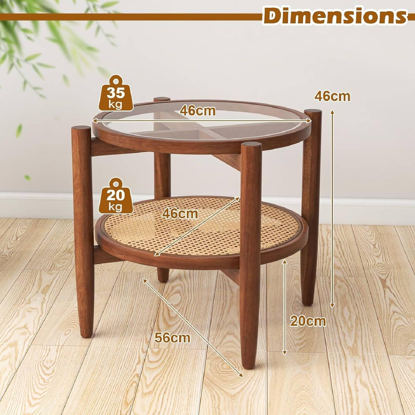 2-Tier PE Rattan Round Side End Table with Tempered Glass Tabletop