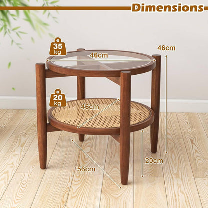 2-Tier PE Rattan Round Side End Table with Tempered Glass Tabletop