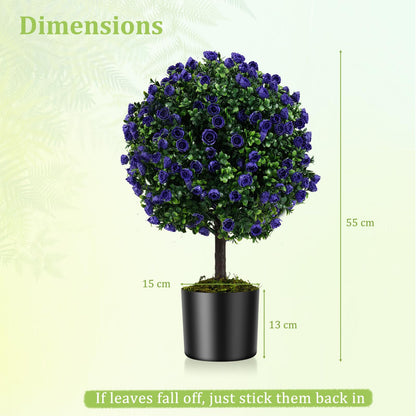 Set of 2 Artificial Purple Rose Topiary Ball Trees 55cm Faux Boxwood Ball Tree