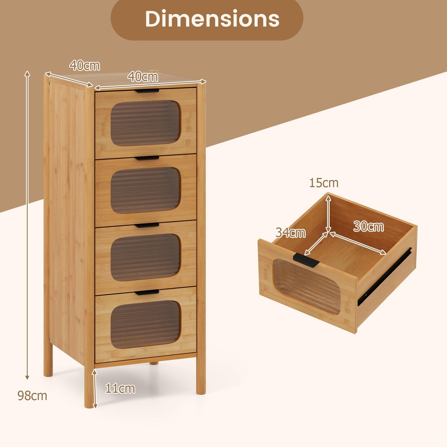 4 Drawer Dresser Bamboo Storage Cabinet with Fluted Tempered Glass Drawers