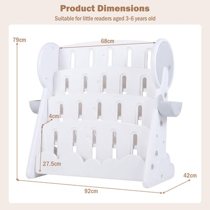 4-Tier Kids Bookshelf with Side Storage Boxes and Reversible Bottom Shelf