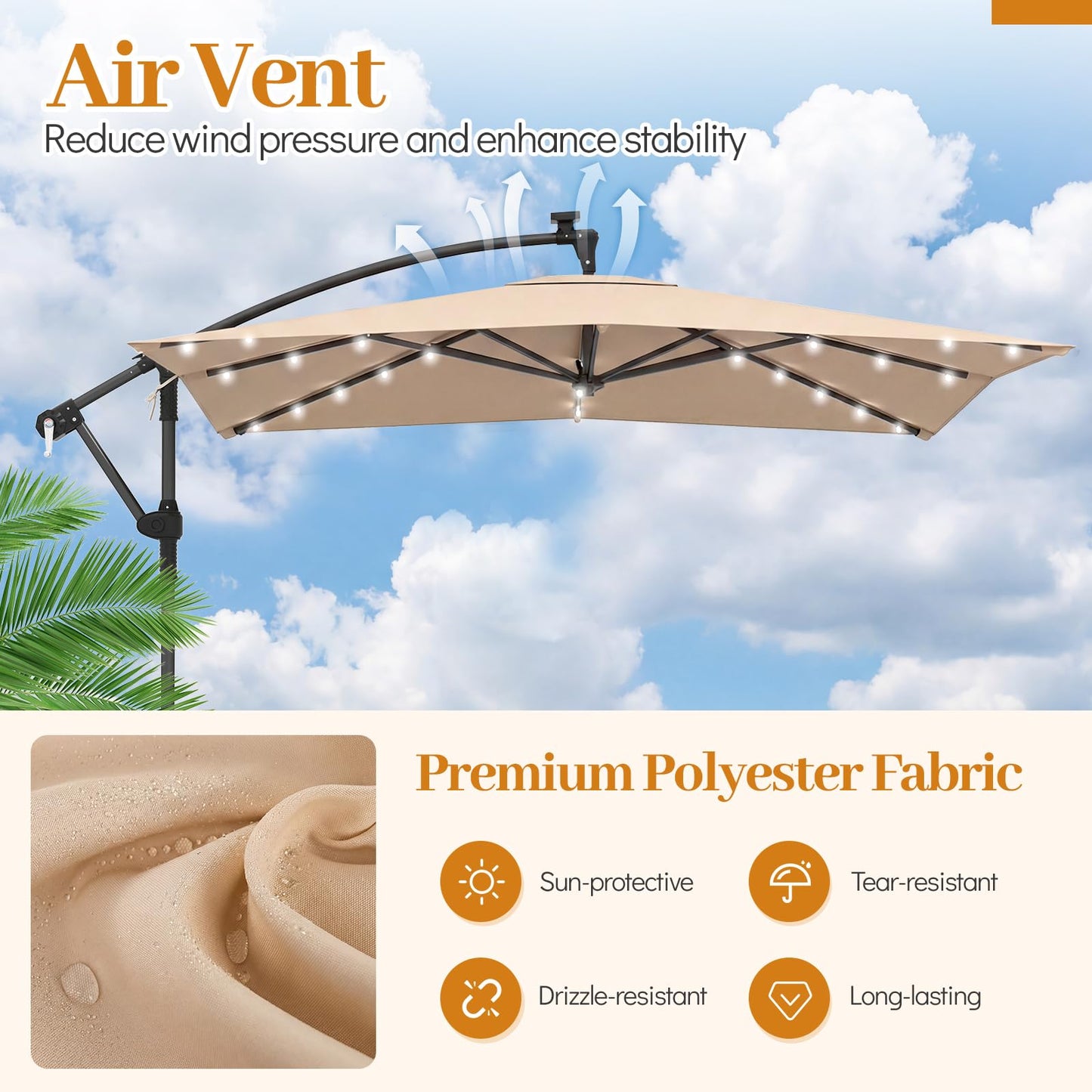 2.5M Cantilever Garden Parasol, Square Offset Banana Umbrella with 32 Solar LED Lights, 360° Rotation